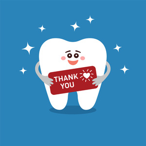 Illustration of tooth holding card that says “Thank You”